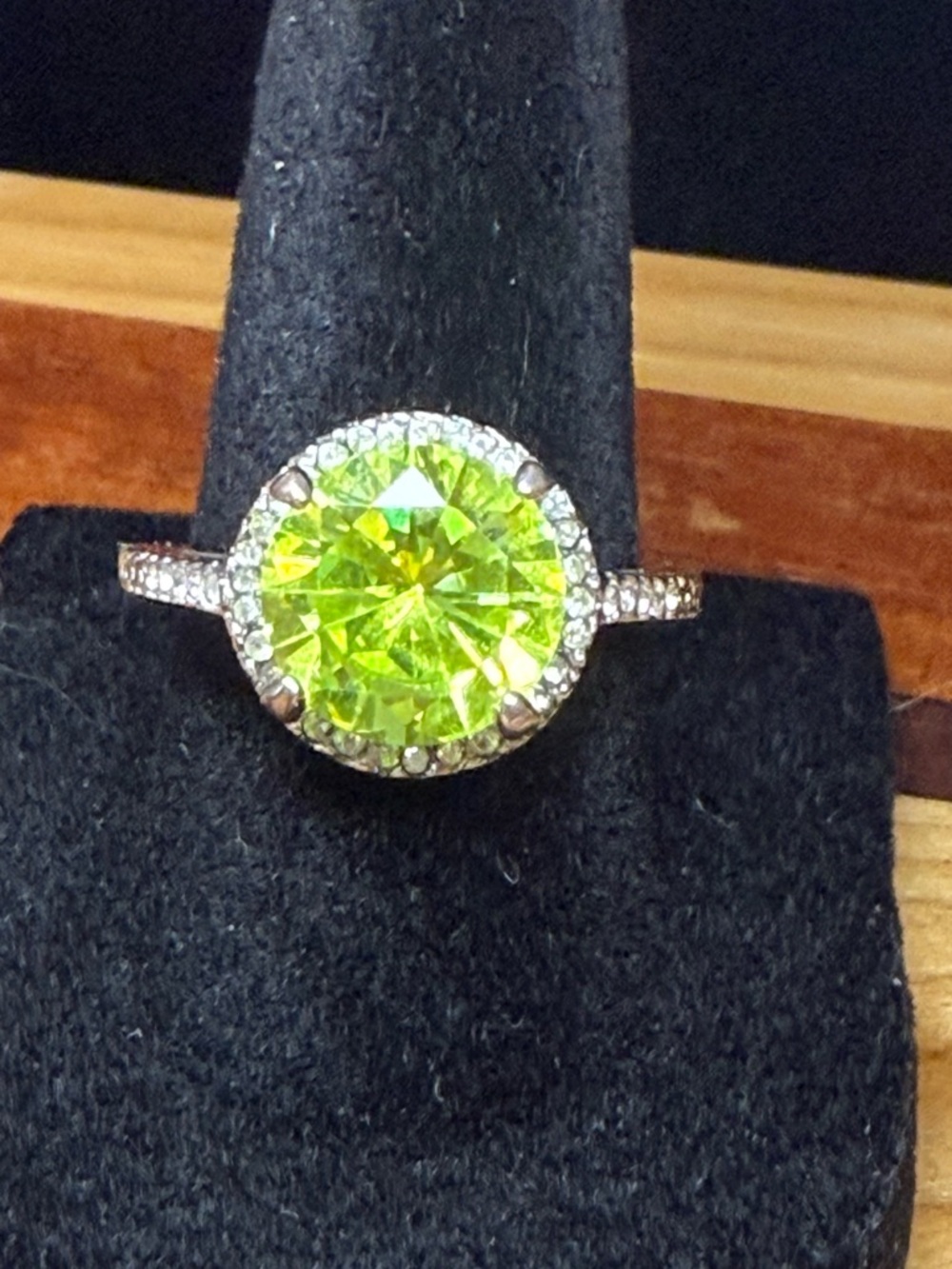 Silver Halo Ring with Lime Green Center Stone Size 7